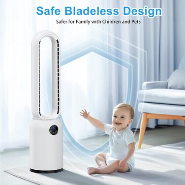 Безлопатий вентилятор з дистанційним керуванням, тихий, з LED-дисплеєм, 90° гойдання, 24 швидкості, 12H таймер, підлоговий вентилятор для дому (білий)