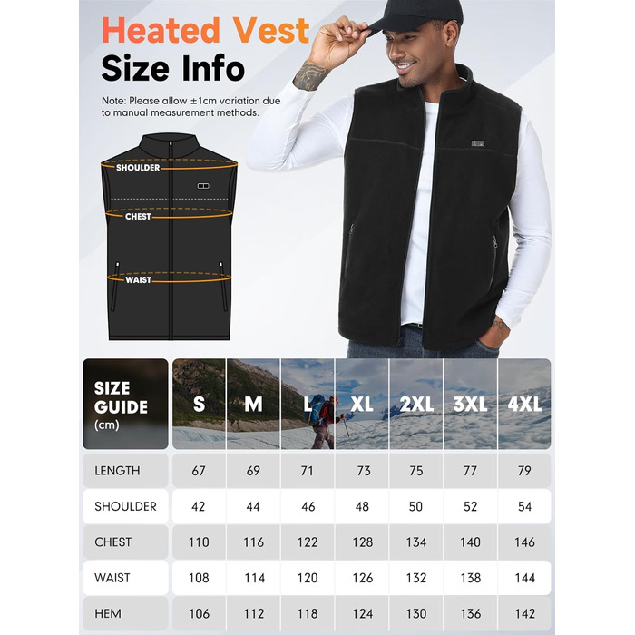 Обогріваючий жилет/куртка з підключенням до Powerbank, Microfleece, 6 зон нагріву, 3 режими температури, для жінок та чоловіків, чорний