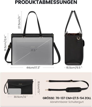 Сумка для ноутбука LOVEVOOK жіноча водонепроникна, сумка для роботи та навчання, бізнес-портфель, 17.3 дюйми, чорний/бежевий/коричневий