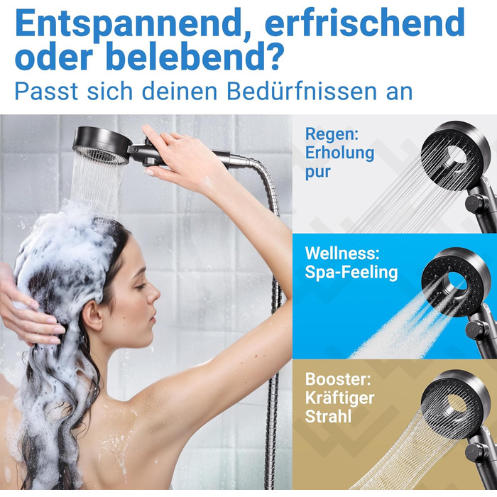LOVENSWORK Shower Head with Filter [3 Modes - incl. Booster] Water-saving shower head with mineral pearls | Handheld shower, shower head, shower in black incl. tool, replacement pearls & stainless steel plate