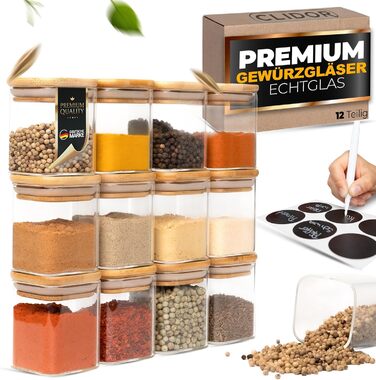 Spice Jars Square I 12 x 160 ml Set I Increased Glass Thickness I Stackable Spice Containers with Bamboo Lids I Airtight Spice Storage for the Kitchen I Suitable for Spice Storage