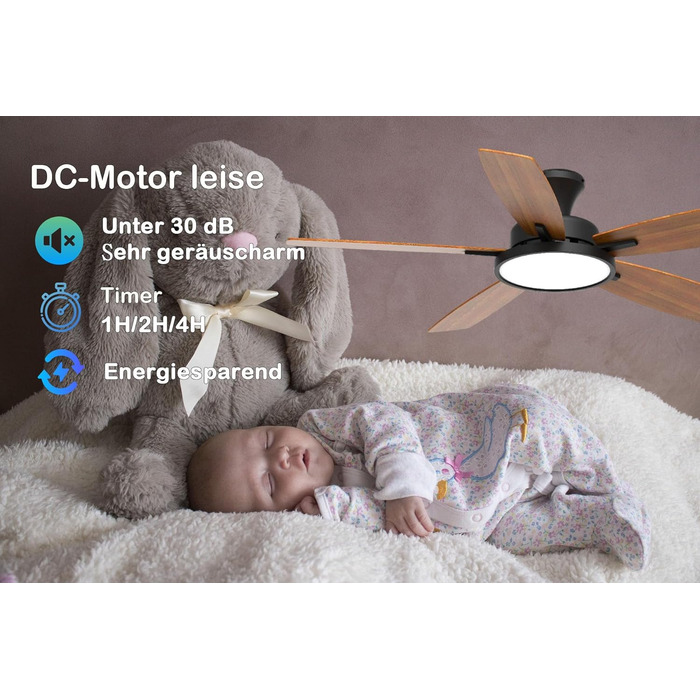 Вентилятор стельовий з LED підсвіткою, DC мотор, 3 кольори світла, диммування, чорний, з пультом ДК для спальні, тихий, 6 швидкостей, вітальня, офіс