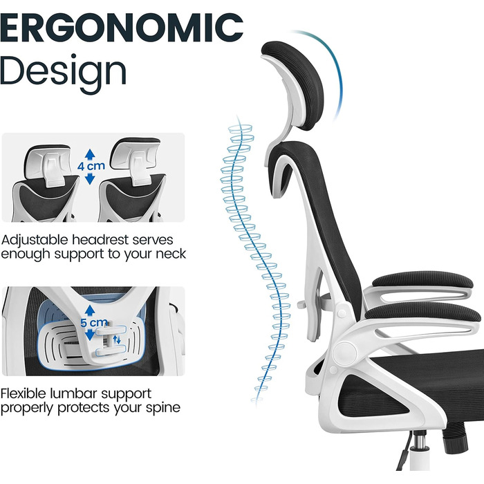 Ергономічне крісло Yaheetech для офісу, крісло до комп'ютерного столу з підйомними підлокітниками, обертове крісло зі спинкою та регульованою підголівником, крісло для начальника з функцією гойдання, до 136 кг, білий/чорний
