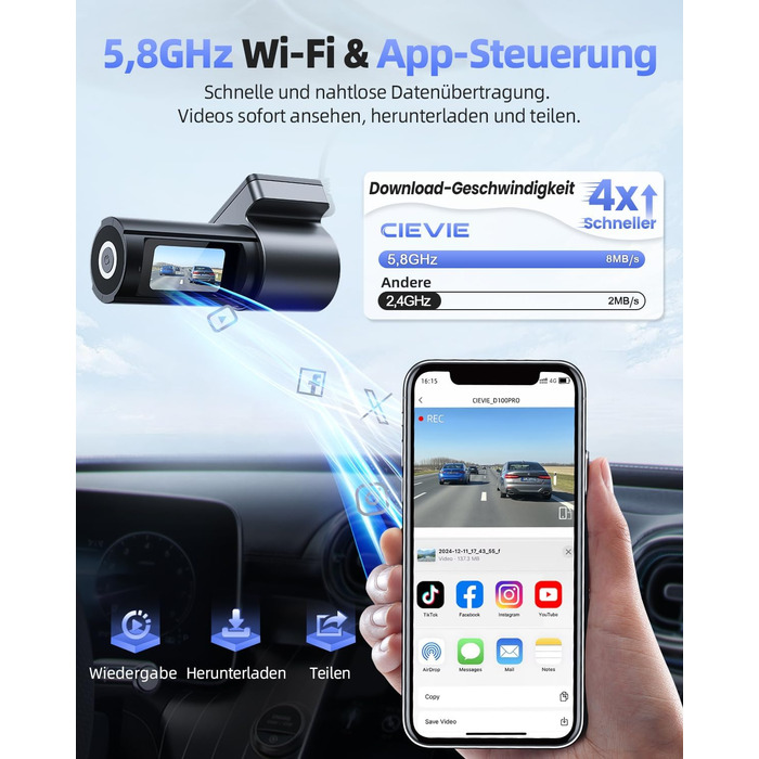 CIEVIE Автомобільна відеореєстратор 4K з GPS, WiFi, Dual, IPS 1.5″, 64GB SD, 170° та G-Sensor, WDR, Нічне бачення, Loop-запис, підтримка до 256GB