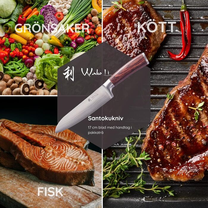 Ніж Santoku Wakoli EDIB Damast I 17 см, лезо з 67 шарів з VG10-сталі, з ручкою з паккавуду. Професійний кухонний ніж з дамаської сталі в подарунковій коробці, без гравіювання.