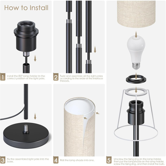 Світлодіодна торшер 9W з регулюванням яскравості, 3 колірні температури, Е27, абажур з льону, вимикач на ніжці, вінтажний стиль, сірий колір