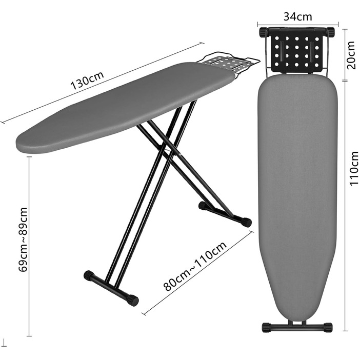 Aoufottes Folding Ironing Board, Ironing Board, Robust Steam Ironing Board with Iron Rest, with Non-Slip Feet, Stable Frame, Table Ironing Board with Adjustable Height, Ironing area 110x34cm