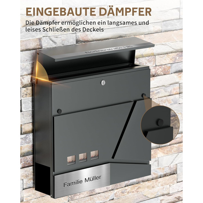 Поштовий ящик Anthrazit з нержавіючої сталі з відділенням для газет (37x37x10 см), персоналізований з табличкою для імені, стійкий до погодних умов, наклейки проти небажаної реклами, настінний поштовий ящик