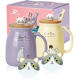 Set of 2 Cat Mugs - Cute Ceramic Coffee Cups in a Set of 2 with Bamboo Lid and Spoon. Novelty Morning Cup Coffee, Milk, Tea Cups - 3D Cat Animal Mugs for Cat Lovers (Purple and Yellow)