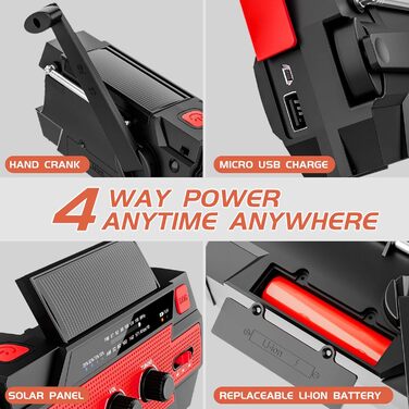 Сонячне радіо YIKANWEN: AM/FM, USB, ручне заряджання, 4000mAh, для кемпінгу та подорожей (червоне)