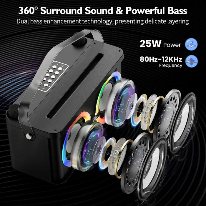 Караоке-система PKBD з Bluetooth, 2 мікрофонами та LED-підсвіткою для дому та вулиці