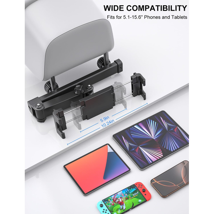 Тримач для планшета в авто PLDHPRO: кріплення на підголівник, сумісний з iPad, Samsung, Android, FireHD, 5.1'-15.6'
