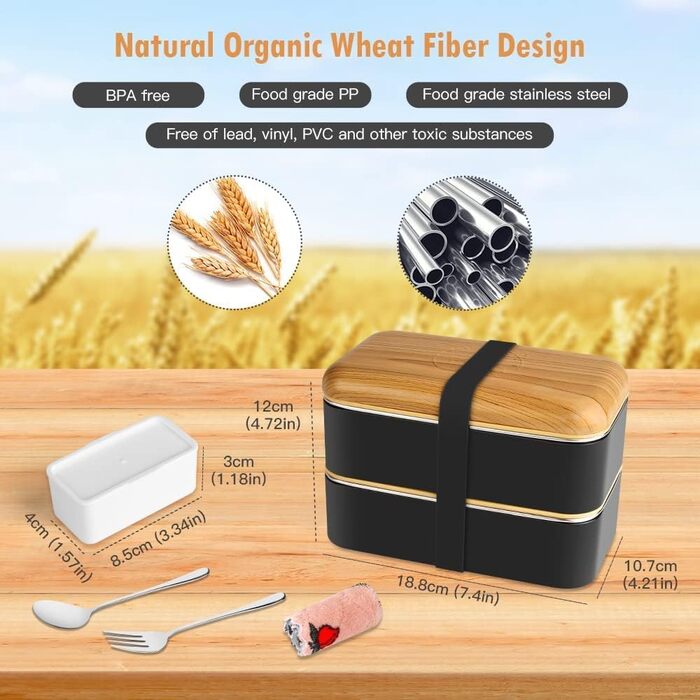 HOLIPOT Ланчбокс Bento Box з роздільниками, 2 рівні, з нержавіючої сталі та PP, з набором столових приборів та сумкою, для дітей та дорослих (Чорний)