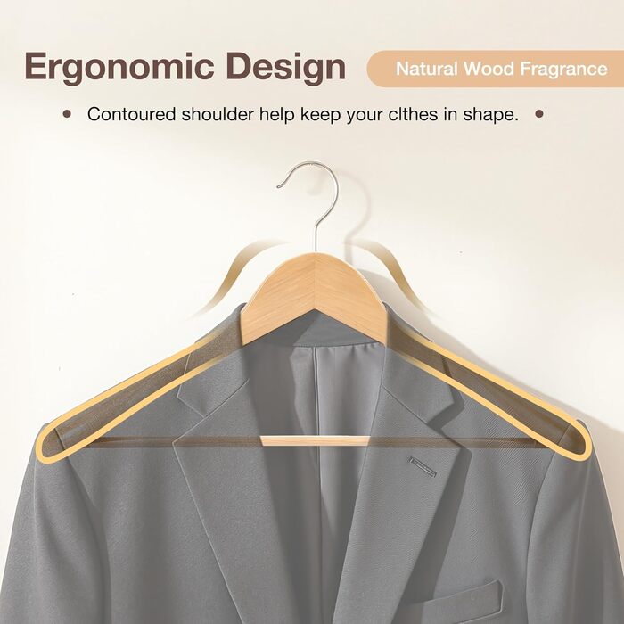 Дерев'яні вішалки для одягу 10 шт. – широкі плечики з натурального дерева, неслизькі та стабільні з перекладиною для штанів та 360° обертовим гачком, для костюмів, курток, сорочок та пальто, натуральне дерево