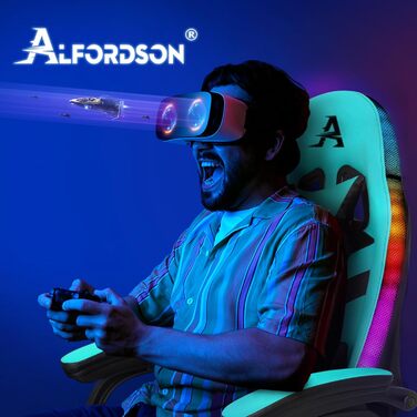 Ігровий крісло ALFORDSON з 8-точковим масажем, RGB LED-підсвічуванням (12 кольорів), ергономічний офісний крісло з підніжкою, підголівником та поперековою подушкою для дітей та дорослих, з PU-шкіри (Цянь)