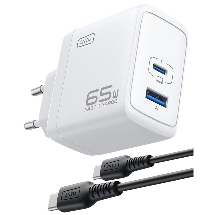 Зарядний пристрій INIU 65W USB-C + USB-A GaN, швидка зарядка для MacBook, iPad, iPhone, Samsung Galaxy, Pixel - білий