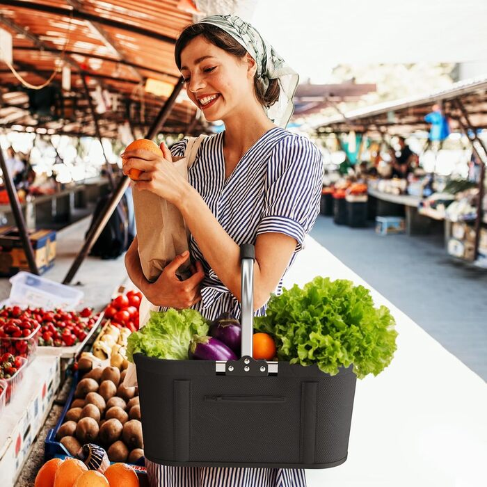 Складаний кошик для покупок 30L з 4 стійками | Міцний кошик для перенесення та пікнік | Великий кошик для сім'ї (46x27x25cm) | З м'якими ручками | Для покупок, подорожей, кемпінгу (Чорний)