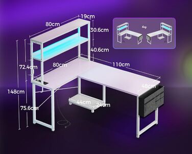 Ігровий стіл Coleshome L-подібної форми з LED-підсвічуванням та розетками, 135 × 100 см. Реверсивний кутовий стіл з полицями для зберігання, з сумкою для дому та ігор. (110×80 см, Білий)