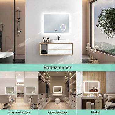 LED дзеркало для ванної кімнати 80x60 см з підсвічуванням, 3 кольори, регулювання яскравості, антизапарник, годинник, 3x збільшення