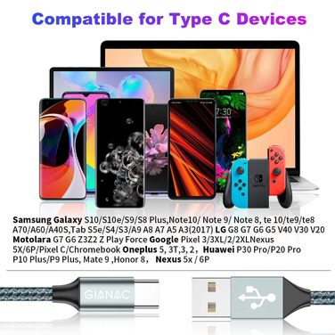 Кабель USB-C 2 шт. (2м+2м) 3.1A, швидка зарядка та синхронізація для Samsung, Huawei, Sony