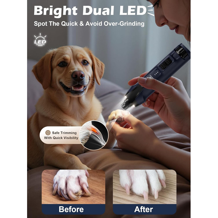 Електричний тример для собак Casfuy 6-в-1 з підвищеною потужністю (50%), тихий, з LED-підсвіткою та збирачем пилу, 4.8V, для великих порід (блакитний)