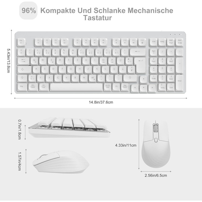 Механічна клавіатура та миша Leadsail FA98 бездротове комплект QWERTZ, 98 клавіш, низькопрофільний червоний перемикач, 1600 DPI, для Windows/MacOS/PC/Laptop (срільно-білий)