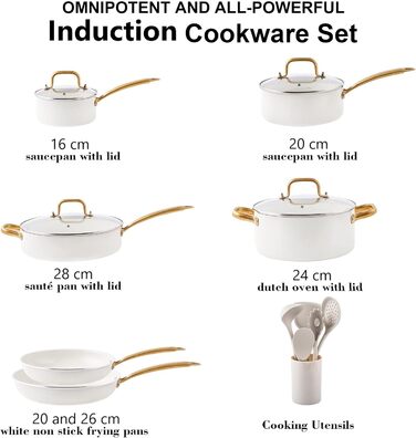 Набір посуду RIOVARM з нержавіючої сталі з антипригарним покриттям, 10 предметів. Набір каструль, сковорідок, сотейників та соусниць з лопаткою. Білий посуд для кухні.