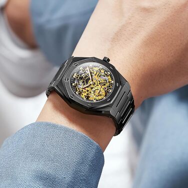 Чоловічий механічний годинник OLEVS Gold Skeleton: автоматичний підзавод, сталь, водонепроникний, з діамантами та підсвіткою (6669 Schwarz)