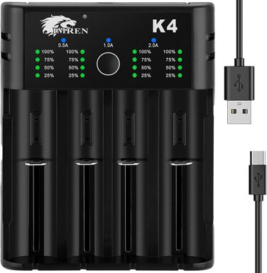 Зарядний пристрій IMREN 18650 з 4 слотами, 2A, USB-C для Li-Ion акумуляторів 18350, 14500, 14650, 17500, 18700, 20700, 21700, 22650, 26650, 1.2V NI-MH/NI-Cd AA AAA C