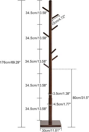 YMYNY Solid Wood Wardrobe Rack, Freestanding Clothes Rack with 8 Hooks, Thickened with 3 Adjustable Heights, for Bag, Clothing, Living Room, Natural Color HCR002N (Brown, Square Base)