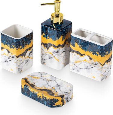 Набір аксесуарів для ванної кімнати (4 шт) – білий набір з дозатором для лосьйону, тримачем для зубних щіток, склянкою та мильницею – блискуча поверхня (мармур, білий)