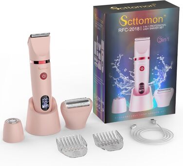 Електричний жіночий триммер 3-в-1 для обличчя, тіла та зони бікіні. Вологостійкий, з LCD-дисплеєм, рожевий