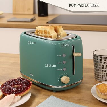 Тостер Nordic з широким слотом, 2-х місний, 6 рівнів підсмажування, функція підігріву та розморожування, зйомний піддон для крихт, північний дизайн, 870 Вт, зелений