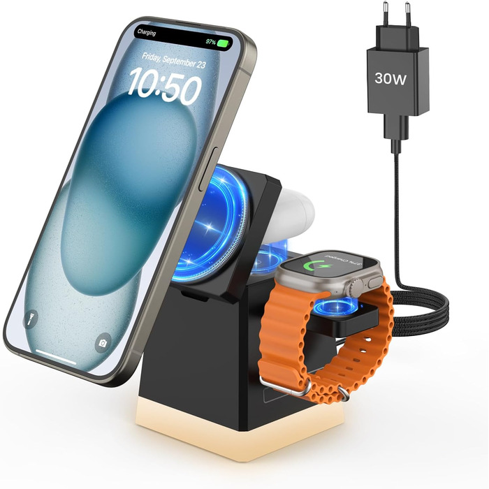 Бездротовий зарядний пристрій JoyGeek: для iPhone, Apple Watch, AirPods (чорний)