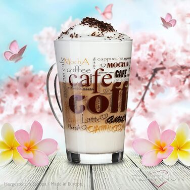 PLATINUX Coffee Glasses with Motif, max. 350ml, Set of 6, Glass Latte Macchiato Glasses with Handle, Cappuccino Glasses
