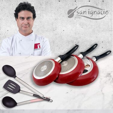 San Ignacio PK125 Set: Pressed Aluminum Frypans - Ø 16, 20, and 24 cm. 3-Piece Frying Pan Set, Aluminum, Black (Set + Accessories)