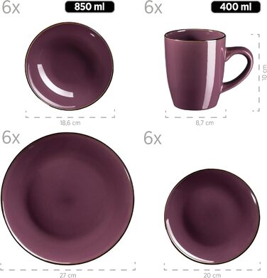 Modern Dinnerware Set for 6 People with Brass-Colored Rim, 24-Piece Combination Service with Rimless Coupe Shapes, Black 24-Piece Black