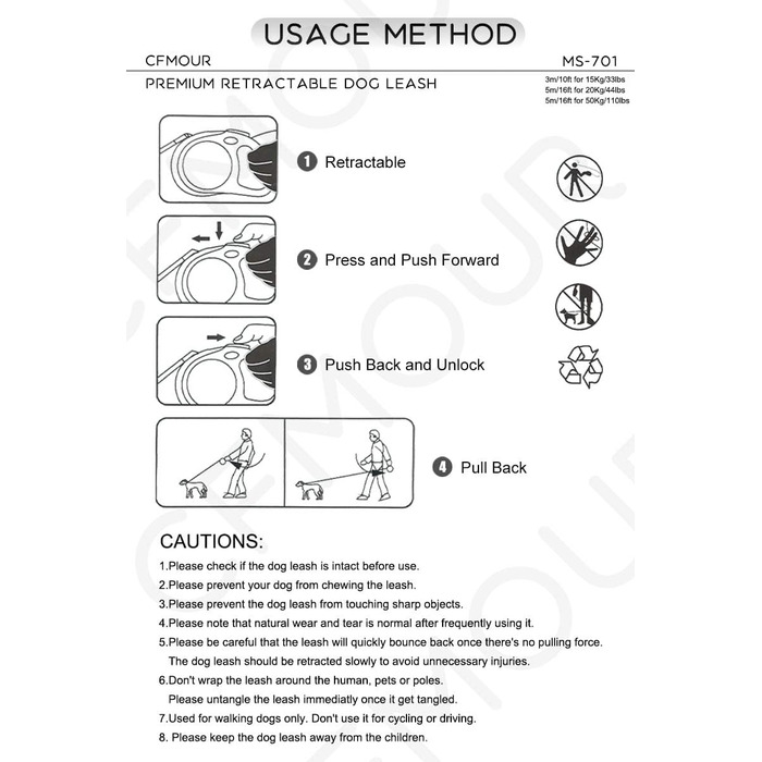 Рулетка для собак CFMOUR, 5 м, до 20 кг, червона, міцна, висувна, для собак маленьких та середніх порід, з нейлоновою стрічкою, стопорним механізмом та замком, бонус - кликер для дресирування