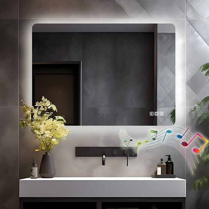 LED дзеркало для ванної кімнати LISA 70x50 см з підсвічуванням, сенсорне регулювання, тепле/холодне світло, протизапобігання запотіванню, Bluetooth, розетка, 3 кольори світла