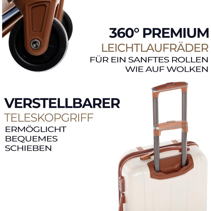 Набір валіз FERGÉ Milano 5-в-1: 3 розміри + сумочка для косметики + сумка для подорожей. Легкі валізи на 4 колесах, бежево-коричневий колір