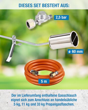 CFH Flame Gun GV 900 including Gas Pressure Regulator DR 114 and Gas Hose - Weed Burner Gas Application 2.5 bar with 3/8
