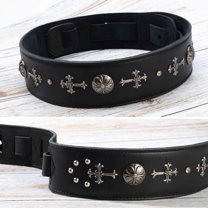 Гітарний ремінь Nefelibata з повном'якої шкіри, з підкладкою з піни, з срібними заклепками, для електро-, акустичної та бас-гітари (2,5' ширини, карбон-чорний), з хрестом