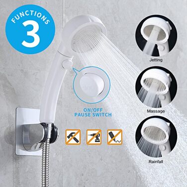 KAIYING Drill-Free High-Pressure Handheld Shower with ON/OFF Pause Switch, 3 Spray Modes, Water-Saving Shower Head, Detachable Puppy Shower Accessory (M: Shower Head + Holder + Hose) (White)