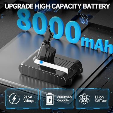 Запасний акумулятор для пилососа Dyson V7, 8000 mAh, сумісний з моделями Motorhead Pro Absolute, Fluffy, Car + Boat, Mattress, Motorhead, Allergy, Wireless, 229687 та іншими
