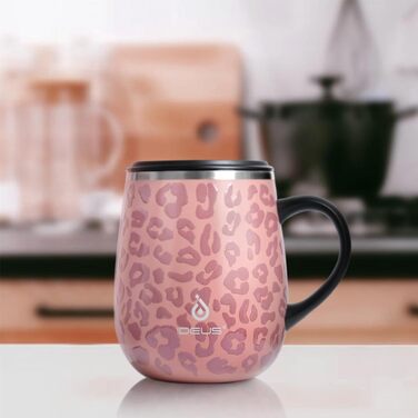 Термокружка Ideus 470 мл з нержавіючої сталі, подвійні стінки, ізоляція, з кришкою-ковпачком, протиковзкий наклад, зелений/рожевий (Leopard Rosa)