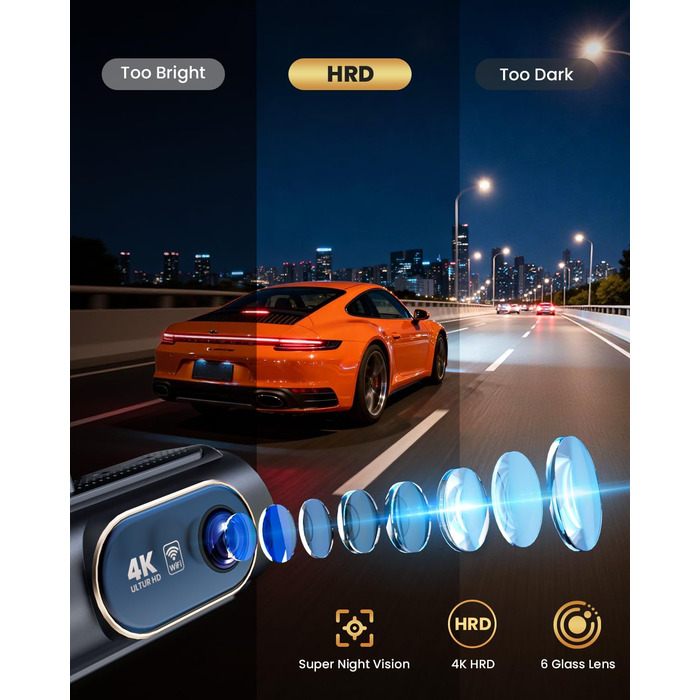 3-канальний 4K відеореєстратор для авто з камерою заднього виду, Wi-Fi, G-сенсором та нічною зйомкою, 4K+1080P+1080P, 64GB SD-карта в комплекті