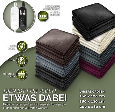Електрична гріюча ковдра Sinnlein® з плюшу | 200 x 180 см, чорна | 9 температурних режимів, таймер, автовимкнення, прання до 40°C, цифровий дисплей