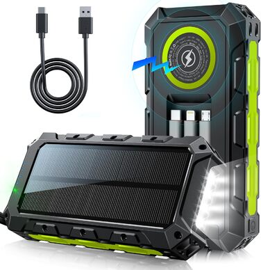 Портативний зарядний акумулятор Power Bank 52800mAh з сонячною панеллю, 30W, 7 виходів, з ліхтариком та LED-дисплеєм, чорний/зелений