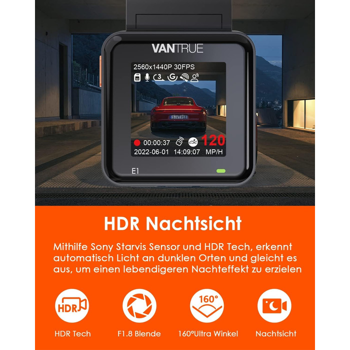 Автомобільний відеореєстратор VANTRUE E1 2.7K Wi-Fi GPS, 2.5K 1440P/60FPS, керування голосом та пультом, нічне бачення HDR, паркувальний режим 24/7, кут 160°, до 512ГБ
