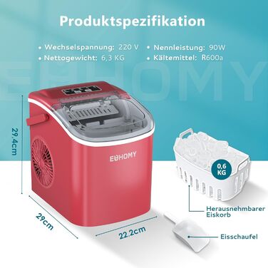 Машина для приготування льоду EUHOMY, 12 кг/24 год, самоочищення, чорний/червоний, 1.2 л
